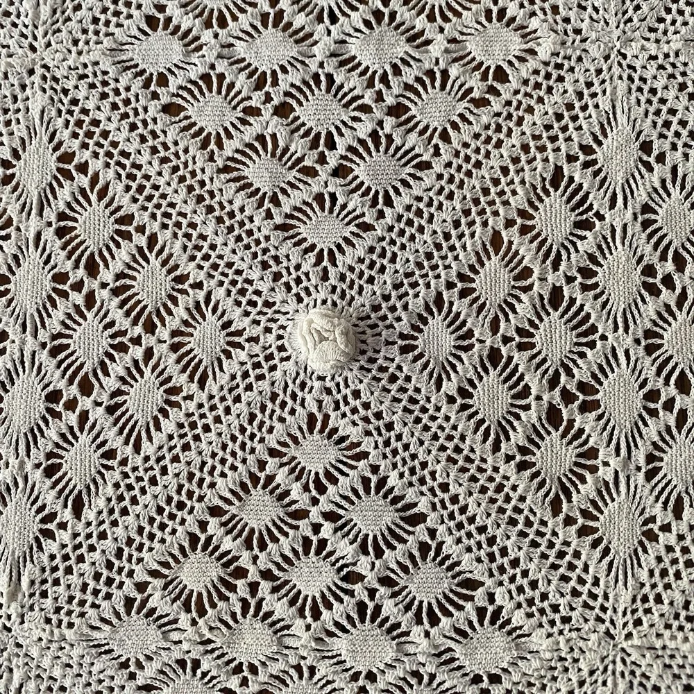 Vintage 60s Handmade Crochet 3D Camelia Tablecloth 60x60
